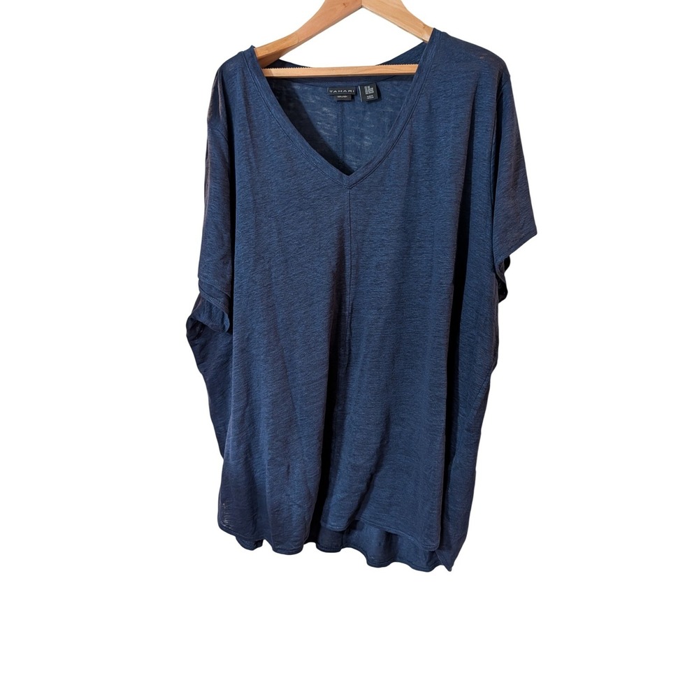 Tahari Women 3X Navy Blue 100% Linen V-Neck Short Sleeve Top Slub Knit Tee